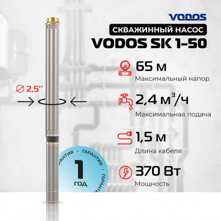 Скважинный насос VODOS SK 1-50 с кабелем1.5м (1х230В,  0,37 кВт , 1")