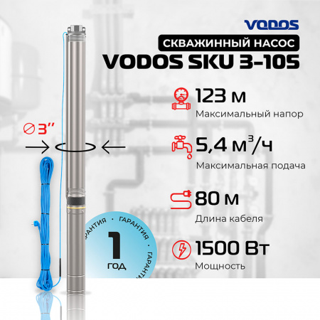 Скважинный насос VODOS SKU 3-105 с кабелем 80м (1х230В,  1,5 кВт ,  1")