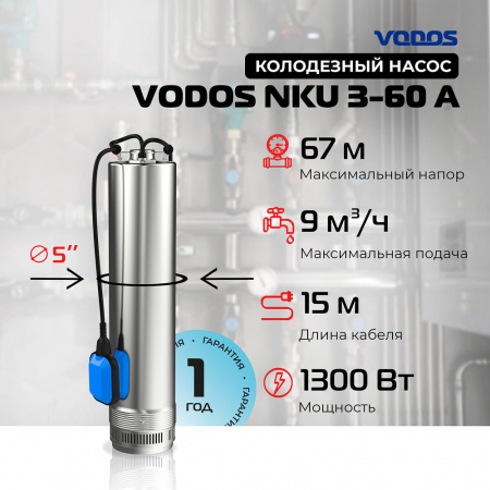 Насос колодезный VODOS NKU 3-60А с кабелем 15м ( 1х230 В,  1.3кВт,  Rp 1 1/4")