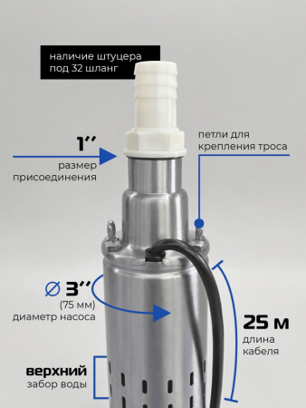 Скважинный винтовой насос VODOS 3SVm 1-25 с кабелем 25м (1х230В,  0,25 кВт ,  1" )